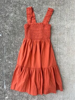NWT Abercrombie & Fitch Orange Smocked Square Neck Tiered Mini Dress Pockets S